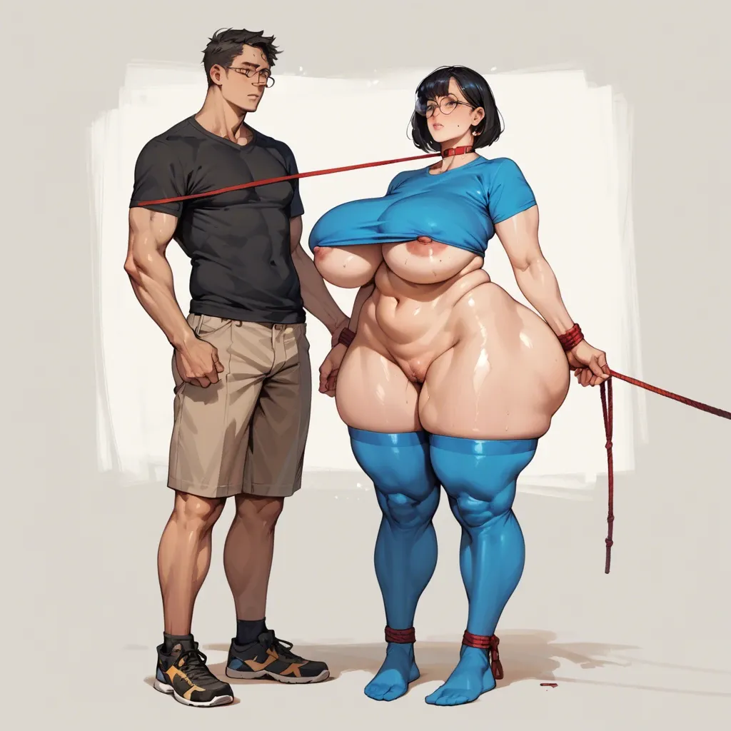 1girl,1boy, , , , mole,bound ankles,saggy boobs,gigantic hips,broad shoulders, nose,shiny skin,areolae slip,love handles,skin indentation, shirt open,blue stockings,round glasses,string bodysuit,stiletto heels, no skirt,golden necklace,purple gloves,leotard,platform heels, hotel, alley, cyberpunk, bedroom, detailed skins, studio lighting, princess zelda, wonder woman, waifu