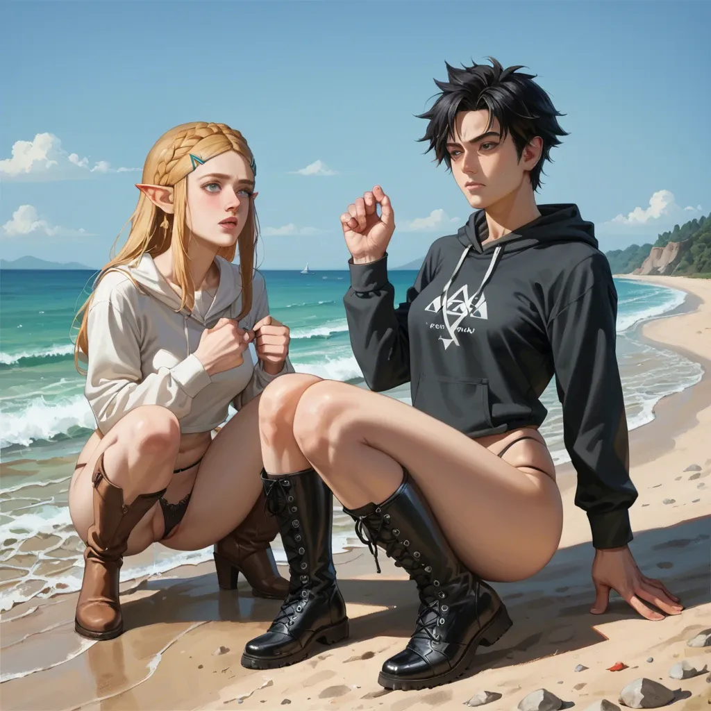 2girl, , , , perfect nose,hands down,firm breasts,breast milk,knees apart, sweatshirt,lace tights,jewelry,low rise thong,gothic boots, oozora subaru, at the beach, medieval, realistic, bright eyes, princess zelda, spider-gwen