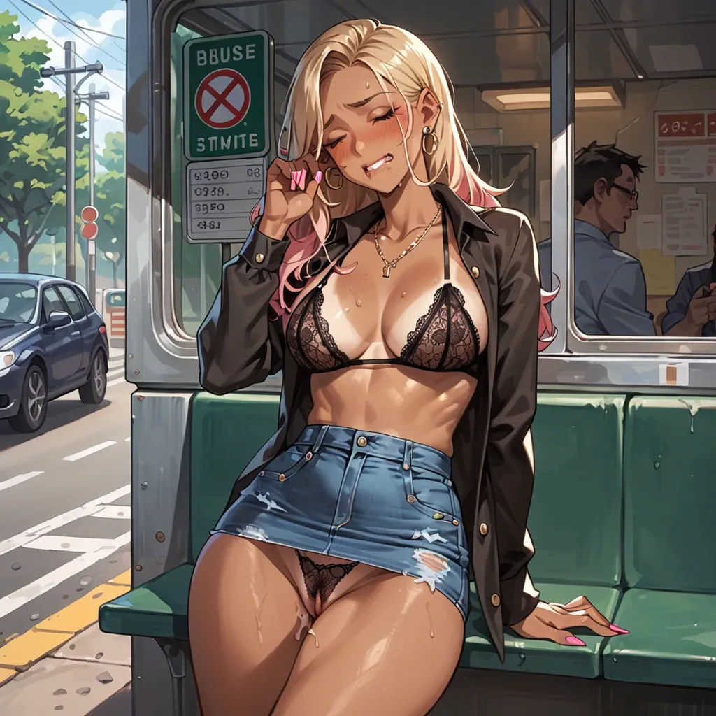 Gyaru, simple dark shirt, nerdy many, shaped body, tight jean skirt, trimmed hairy pussy, cute dark panties, lace bra, panties to the side, blush, bus stop, shaking, lip biting, eyes  closed, light bikini tan lines, creampie ,shaking orgasm, panties to the side ,cum, cumshot ,leg up, niple slip, male orgasm, creampie