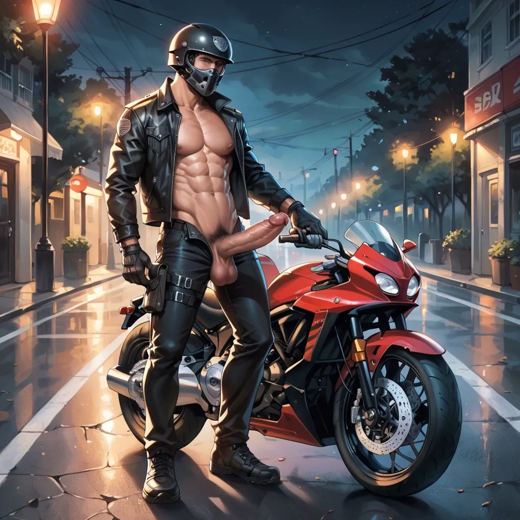 1 boy, motorbike helmet, huge dick, dick, cock, balls, penis hair, gloves, jacket, opened chest, abs, pants, standing, countryside, detailed, on the road, at night, empty, sole