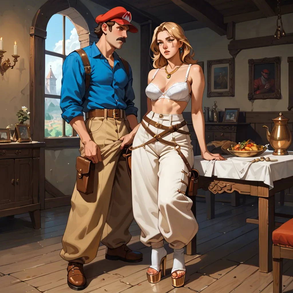 1girl,1boy, , , , light freckles,thigh holster,medium tits,bent at waist,gold necklace, baggy pants,white socks,jewelry,white bra,platform heels, bedroom, medieval, table, facing camera, mario and luigi, ariel waifu, rapunzel waifu