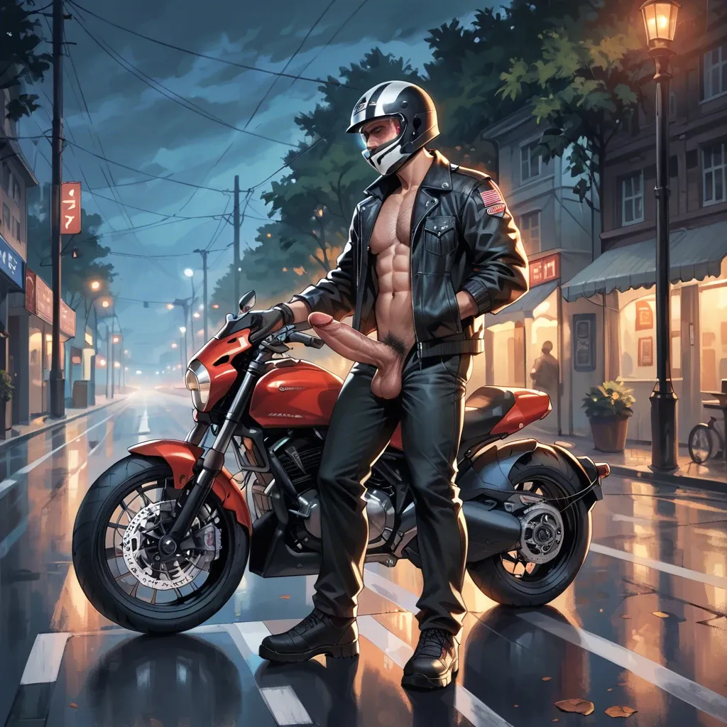 1 boy, motorbike helmet, huge dick, dick, cock, balls, penis hair, gloves, jacket, opened chest, pants, standing, countryside, detailed, on the road, at night, empty, sole