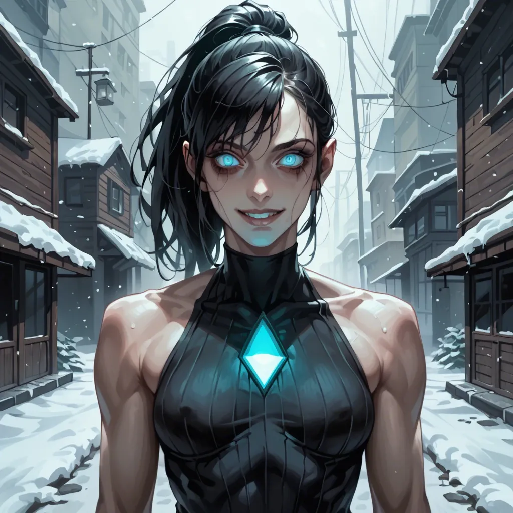 Female, pale, skinny, muscular, black hair, ponytail, glowing turquoise eyes, black dress, smiling, staring, calm, yandere, dark alleyway, snow, night, creepy