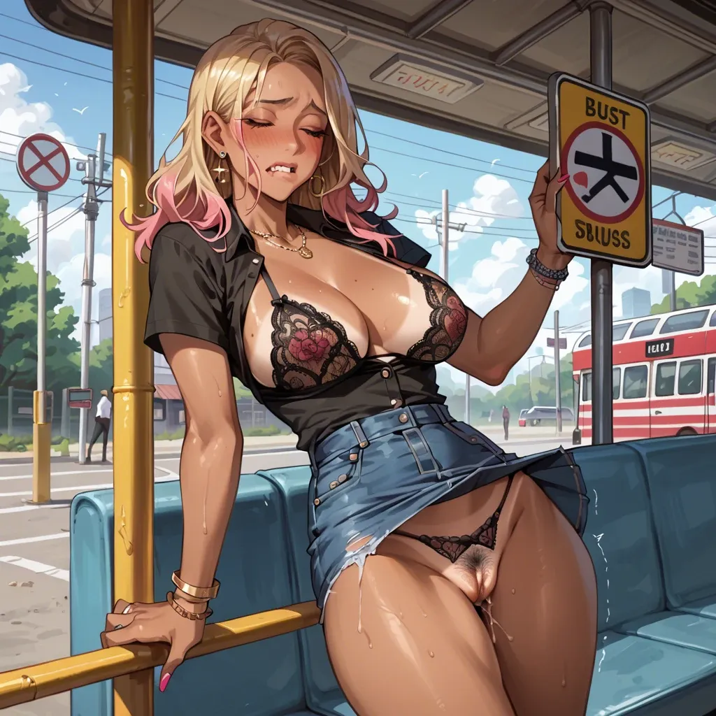 Gyaru, simple dark shirt, nerdy many, shaped body, tight jean skirt, trimmed hairy pussy, cute dark panties, lace bra, panties to the side, blush, bus stop intercourse, shaking, lip biting, eyes  closed, light bikini tan lines, creampie ,shaking orgasm, panties to the side ,cum, cumshot ,leg up, niple slip, male orgasm, creampie sex