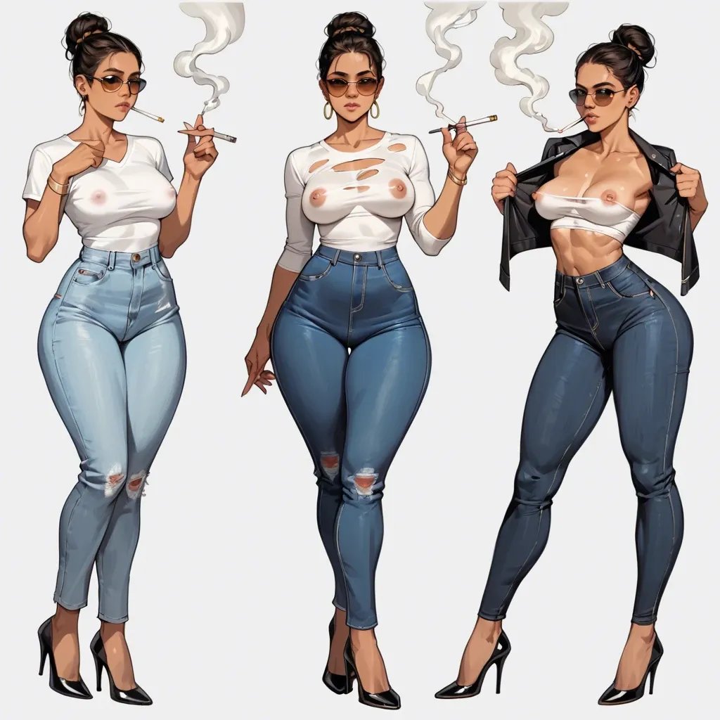 Tight jeans, high heels, thick hips, tight white shirt, big tits, sunglasses, hair in bun, petite waist,  multiple panels, flashing tits, revealing tits, undressing, latina, tan, tits out, naked tits, smoking cigar, thong straps