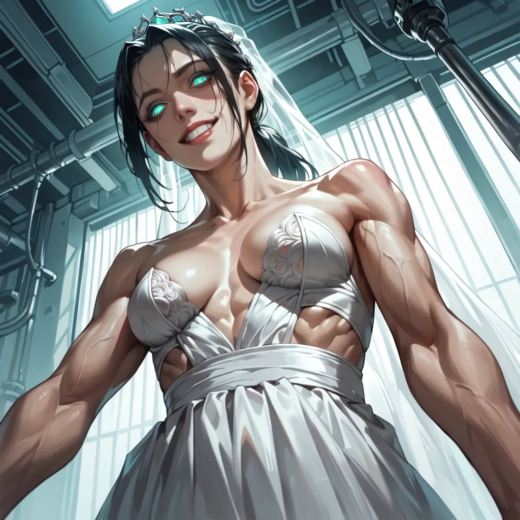 Female, pale, skinny, muscular, black hair, ponytail, glowing turquoise eyes, black wedding dress, smiling, staring, calm, yandere, dark biomechanical sci-fi room, turquoise light, creepy, from below