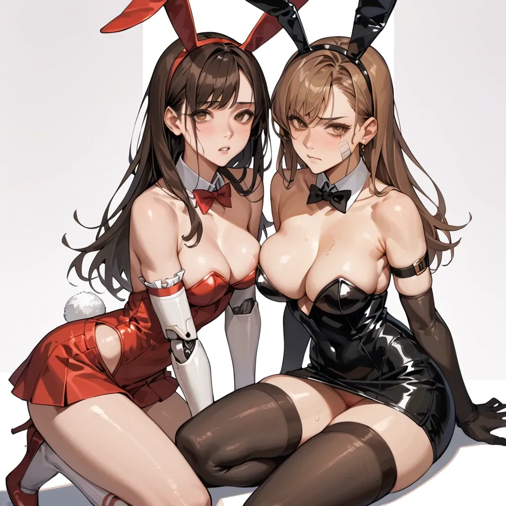 2girl, , , , perfect eyes,pushing,perky breast,thin waist,robot joints, cock on cheek,armlets,medium boobs,absurd res,bare shoulders, bunny costume,knee socks,elbow gloves,mini skirt bra,brown boots, barn background, street fighter, spaceship, throne, grabbed hair, wonder woman, rapunzel waifu