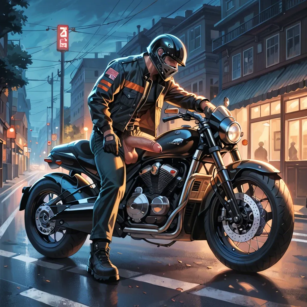 1 boy, motorbike helmet, huge dick, dick, cock, balls, penis hair, gloves, jacket, pants, standing, countryside, detailed, on the road, at night, empty, sole