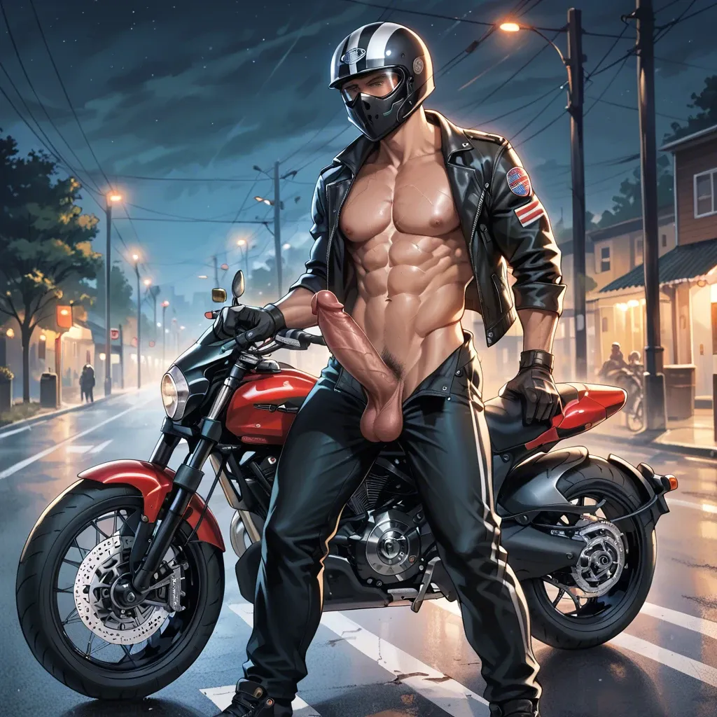 1 boy, motorbike helmet, huge dick, dick, cock, balls, penis hair, gloves, jacket, opened chest, abs, grab dick, pants, standing, countryside, detailed, on the road, at night, empty, sole