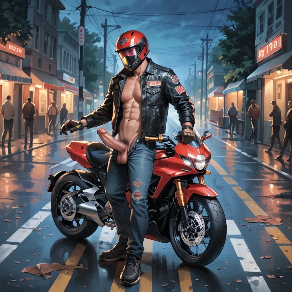 1 boy, motorbike helmet, huge dick, juicy dick, cock, balls, penis hair, gloves, jacket, opened chest, pants, standing, countryside, detailed, on the road, at night, empty, sole