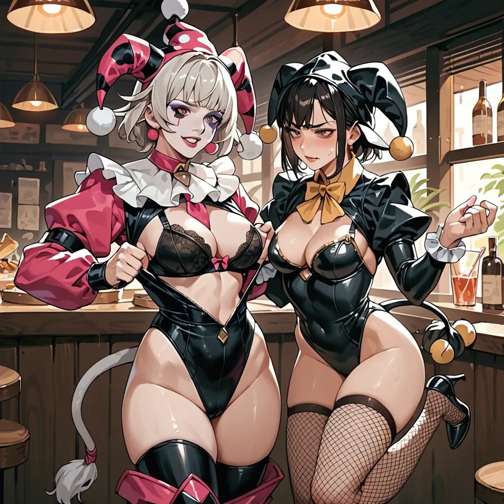 2girl, , , , eyes half open,arms on breasts,medium breasts,wide hip,neck, cow costume,tight fishnets,jester cap,black leotard,heels, pulling shirt,socks,tail tied,bra,armored boots, restaurant, in jungle, spaceship, big dildo, tifa lockhart, disney princess