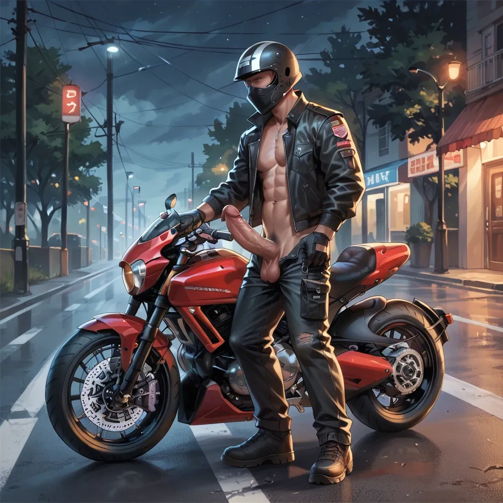 1 boy, motorbike helmet, huge dick, juicy dick, cock, balls, penis hair, gloves, jacket, opened chest, abs,pants, standing, countryside, detailed, on the road, at night, empty, sole