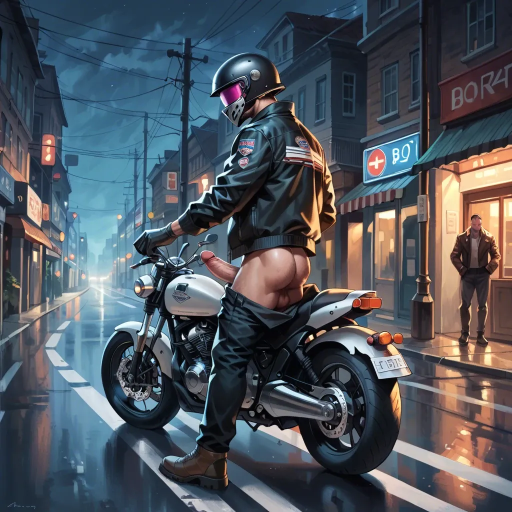 1 boy, motorbike helmet, huge dick, dick, cock, balls, penis hair, gloves, jacket, pants, standing, countryside, detailed, on the road, at night, empty, sole