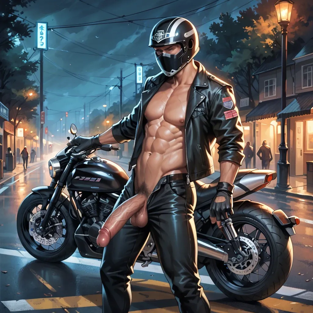 1 boy, motorbike helmet, huge dick, dick, cock, balls, penis hair, gloves, jacket, opened chest, abs, pants, standing, countryside, detailed, on the road, at night, empty, sole