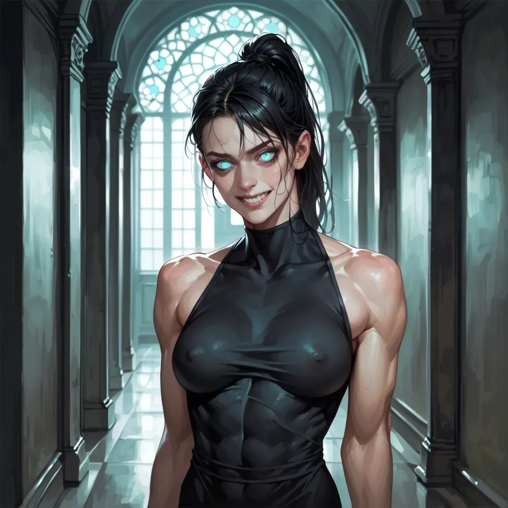 Woman, pale, skinny, muscular, black hair, ponytail, glowing turquoise eyes, black dress, smiling, staring, calm, yandere, dark hallway, creepy