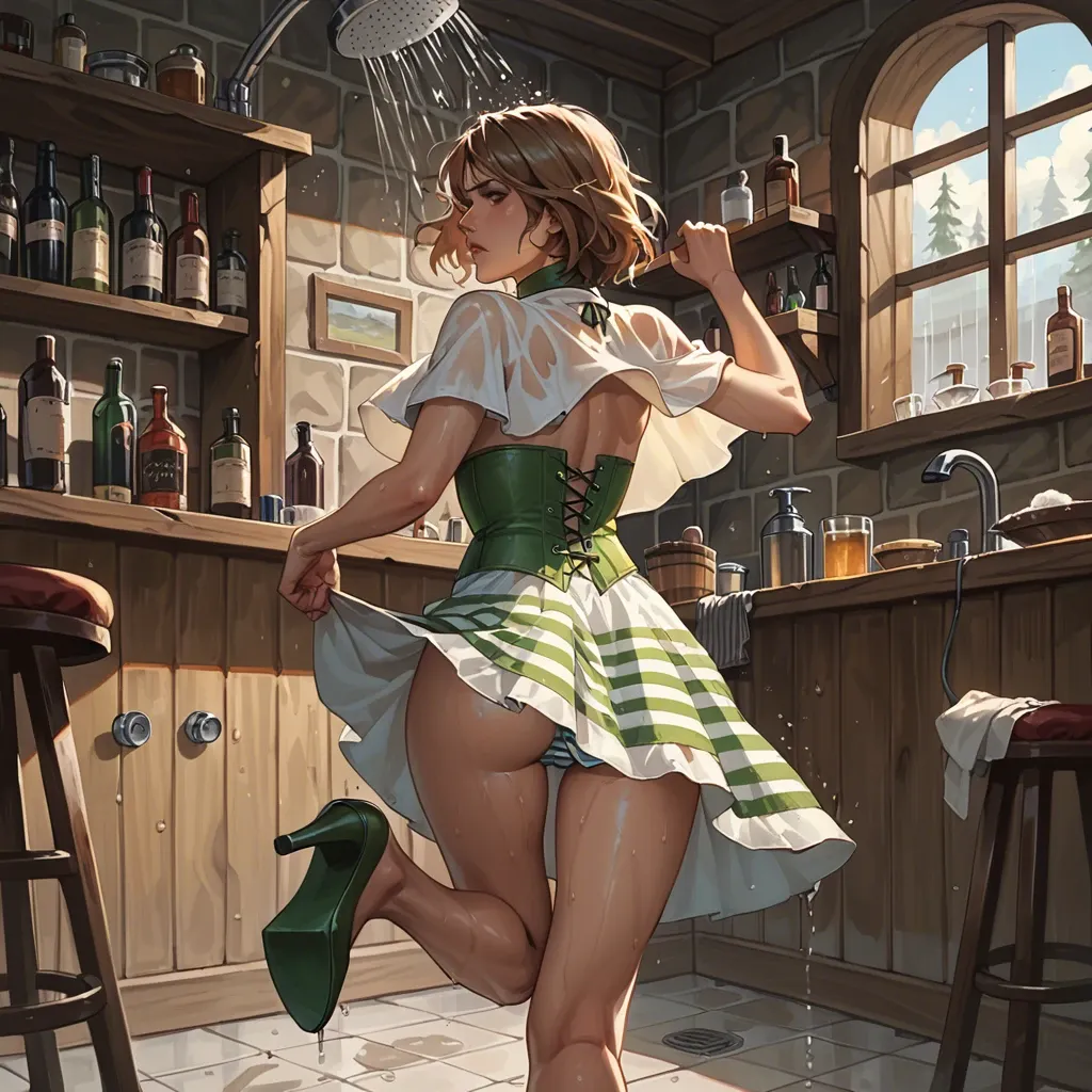 1girl,solo, , , , eye detail,one leg raised,big perky boobs,back pov,turtleneck, sundress,striped bikini,capelet,corset,high heels, shower, caulfield, tavern, green collar, uncomfortable, hyper-realistic, bright light, princess peach, wonder woman, waifu