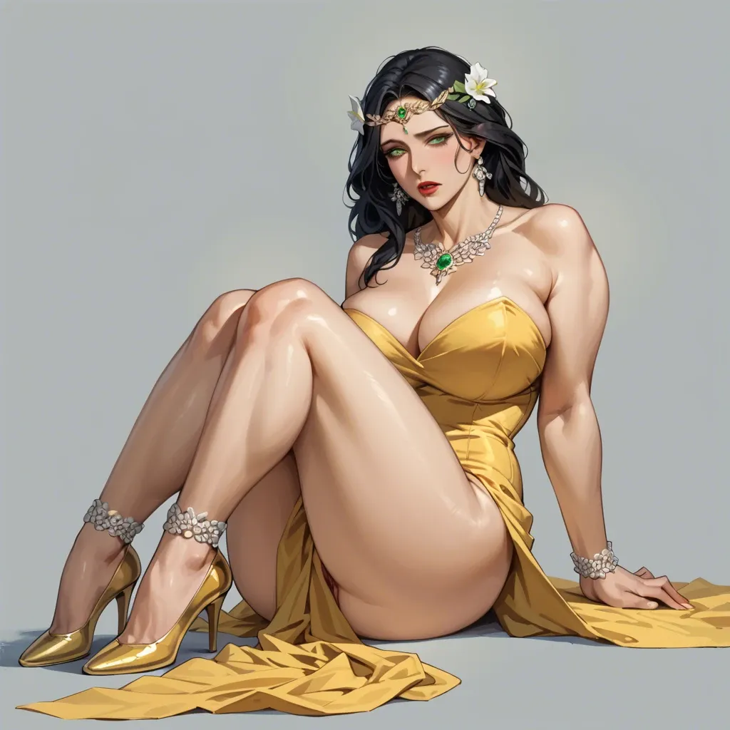 Curvy, Royal, Mature, voluptuous, milf, elegant yellow dress with black designs, jeweled yellow circlet, long black hair, yellow high heels, green eyes, green eye shadow, heavily flushed face, straining heavily, begrudgingly orgasming, mating pressed by a outsider,