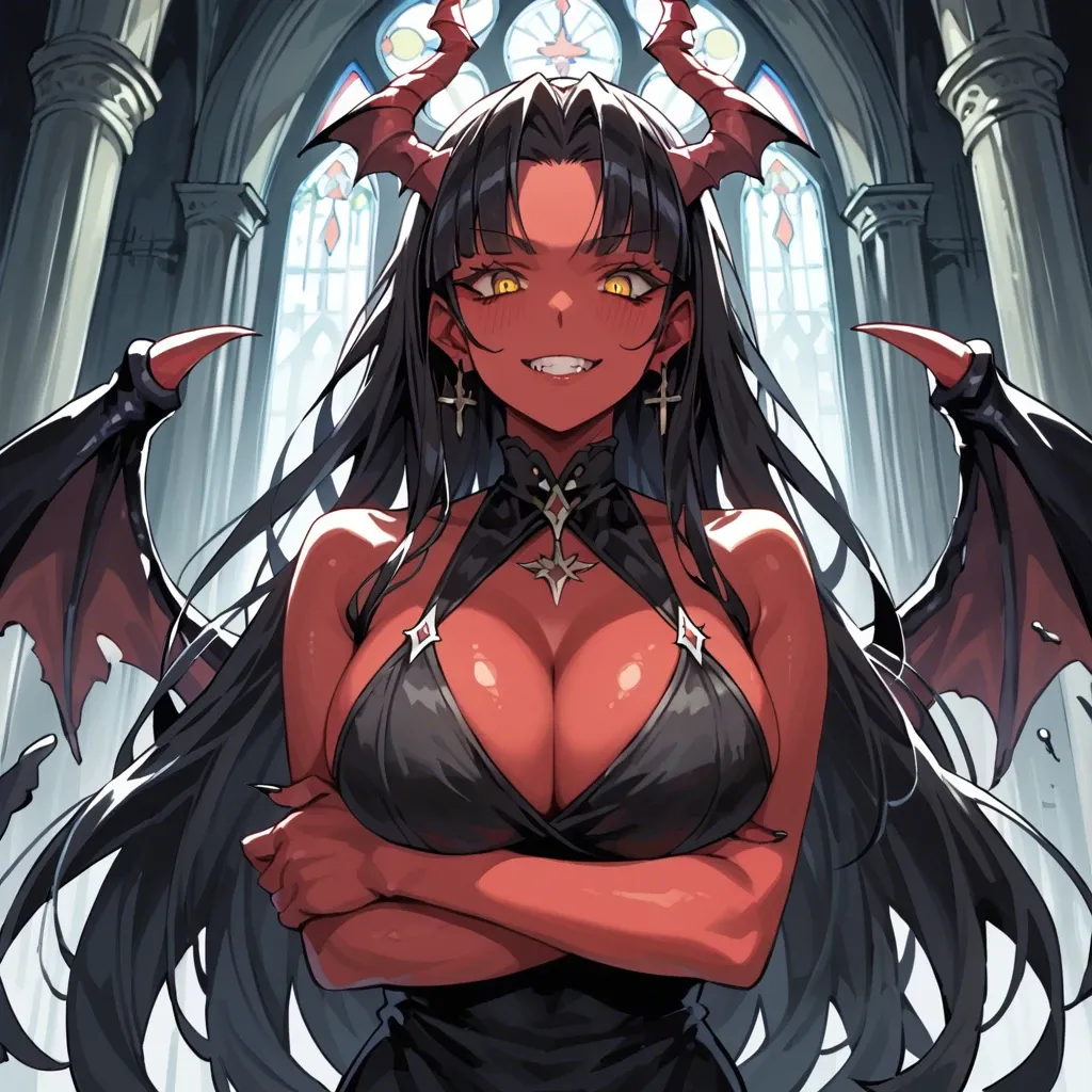 Succubus, Dark castle, Yellow eyes, vertical pupils, red skin, black dress with big cleavage, cute kind smile, In good shape Big breasts Black Long hair, Crossed arms, Twilight, 1 person,  (anime style), demonic wings