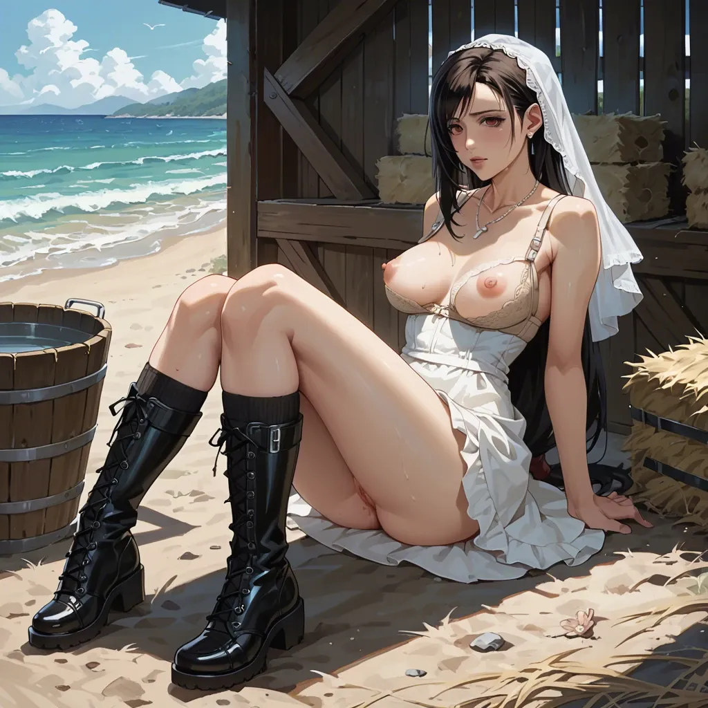 2girl, , , , mole,handles,nipples visible,low waisted,heart necklace, sundress,knee-high socks,white veil,beige bra,gothic boots, barn, ocean, cyberpunk, tifa lockhart, mari makinami