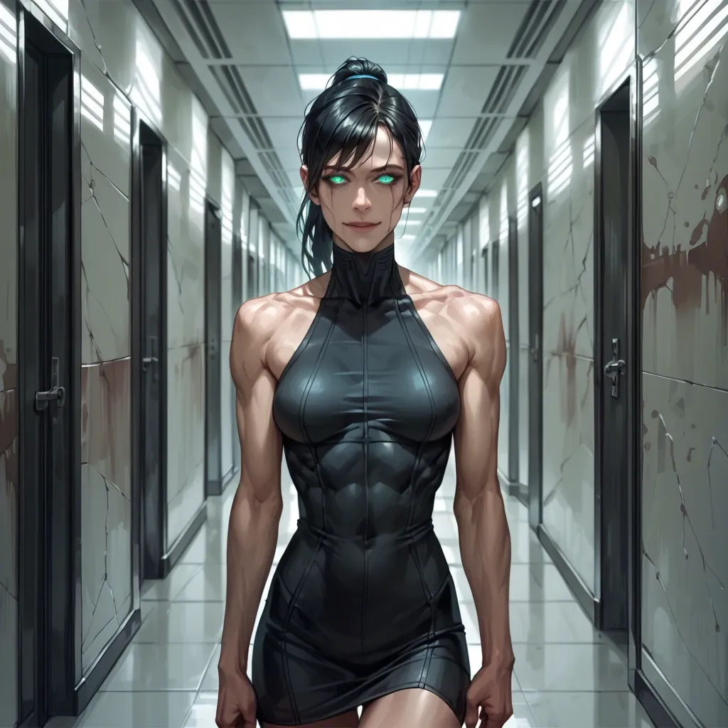 Woman, pale, skinny, muscular, black hair, ponytail, glowing turquoise eyes, black dress, smiling, staring, calm, yandere, dark futuristic hallway, creepy