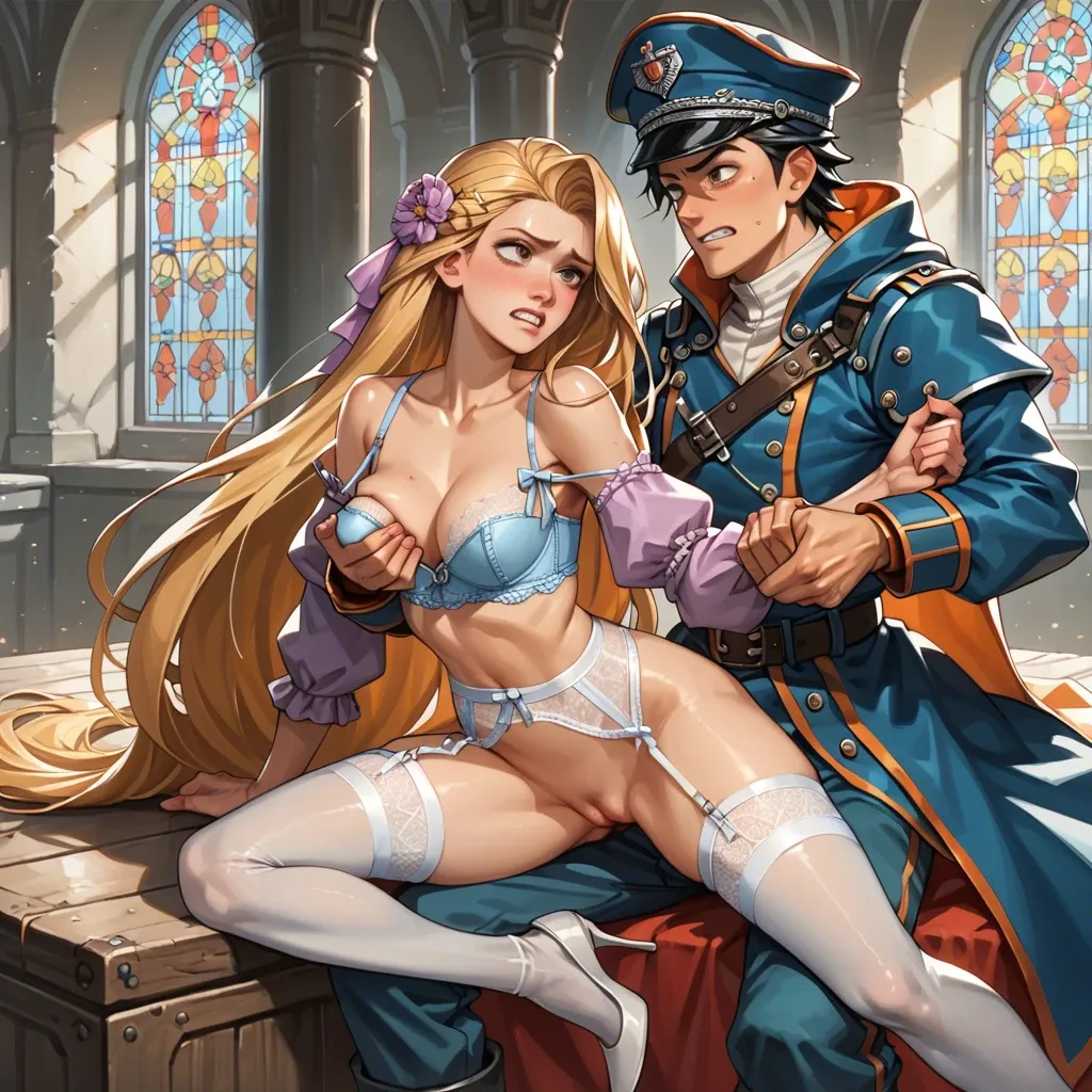 2girl, , , , clenched teeth,arm pull,big perky boobs,pec grabbing,wide shoulders, hoodie,garter belt,military hat,sexy lingerie,heels, oozora subaru, medieval theme, robot, jasmine, rapunzel waifu