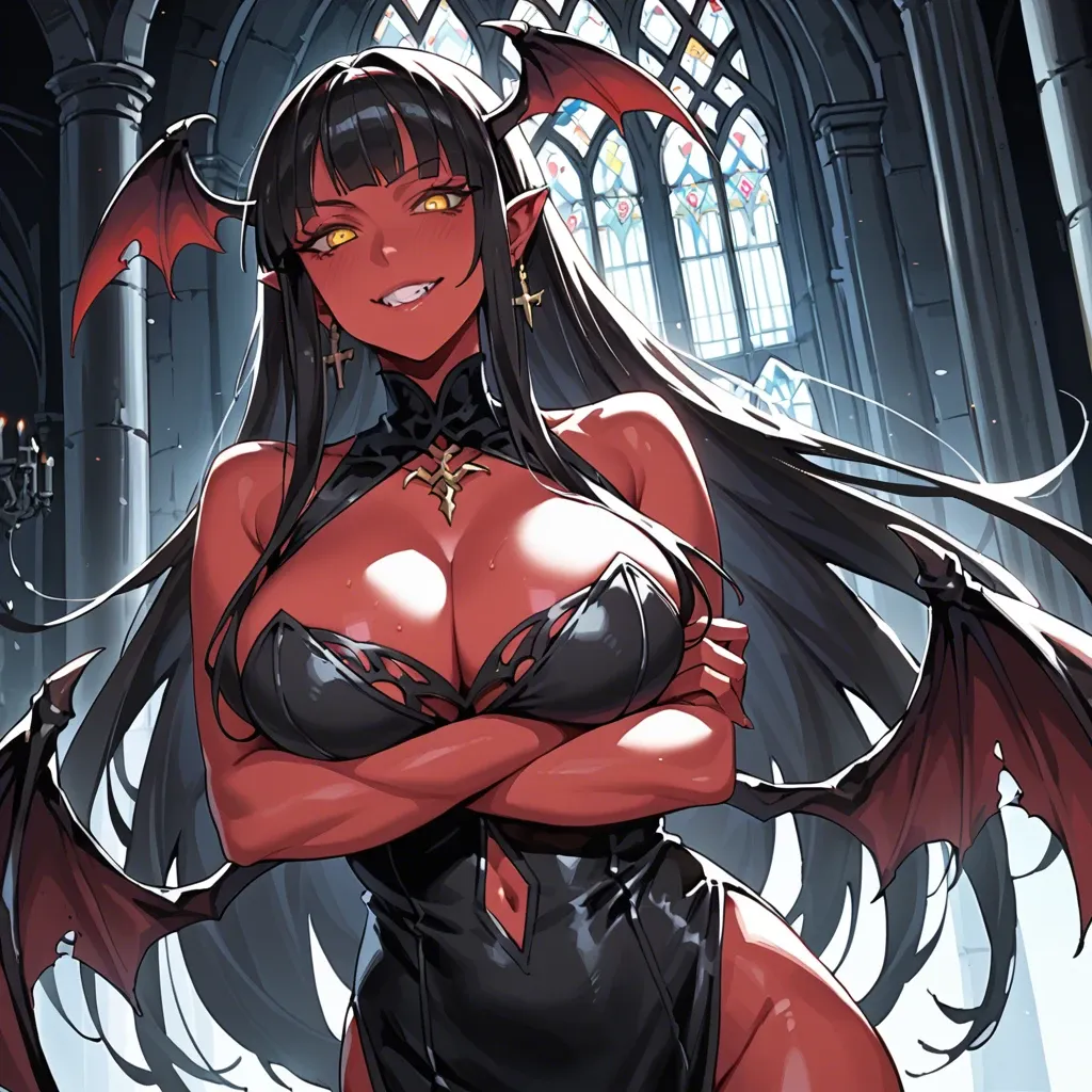 Succubus, Dark castle, Yellow eyes, vertical pupils, red skin, black dress with big cleavage, lip smile, In good shape Big breasts Black Long hair, Crossed arms, ((Twilight)), 1 person,  anime style, demonic wings