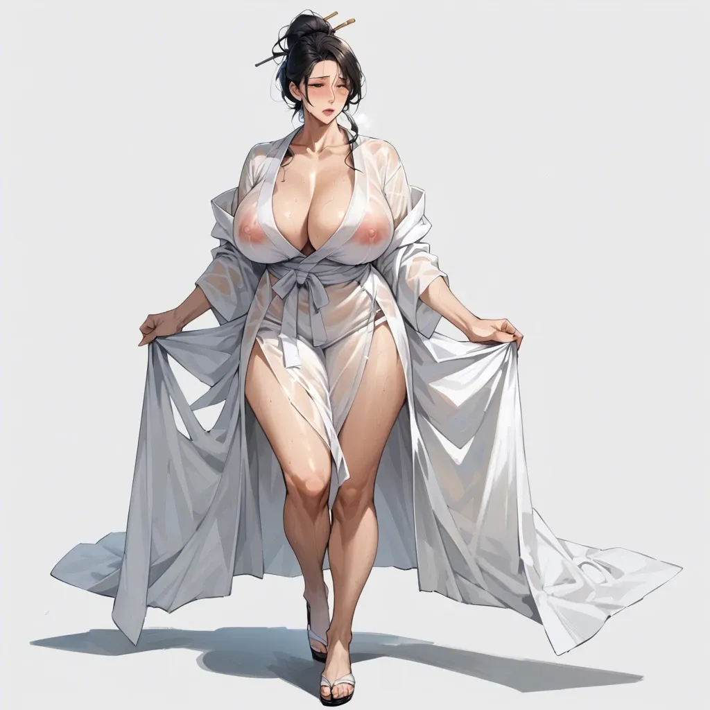 mature female, full body, curvy, white yukata, see-through, huge breast, cleavage, yokozuwari, simple background, black long hair, hair up,