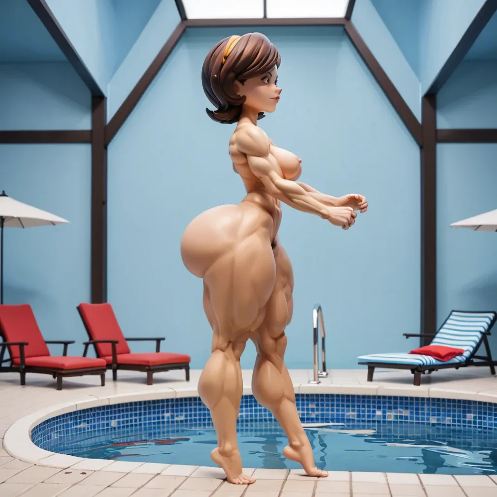 Stop-motion, 1girl,  sexy and beautiful woman, side view, muscular body, muscular arms, naked, medium breasts, huge ass, gigantic hips, gigantic ass, thick thigs, athletic thigs, long legs, Helen Parr from The Incredibles, pool, full lips