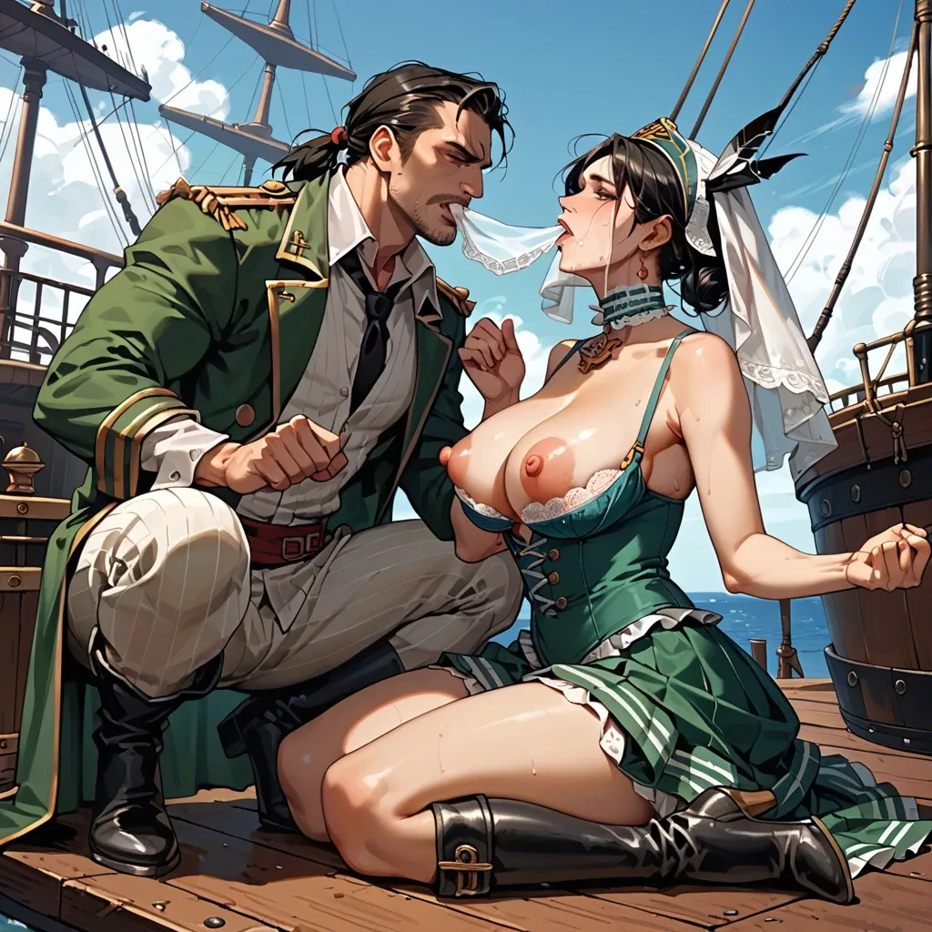 1girl,1boy, , , , nostrils,hands up,huge nipples,pirate ship,broad shoulders, miniskirt,lace,linked collars,blue panties,black boots, dark green gown,striped skirt,white veil,loose bra,platform heels, police uniform,purple necklace,blue gloves,loose bra,black boots, in a gym, mountains, medieval, obedient slut, spider-gwen, mari makinami