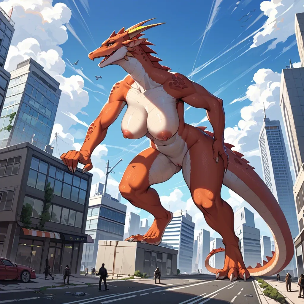 Dragon female, kaiju female, reptile, furry, extreme macro female, city, taller female, extreme giantess, imminent danger, cracked ground, drunken poses