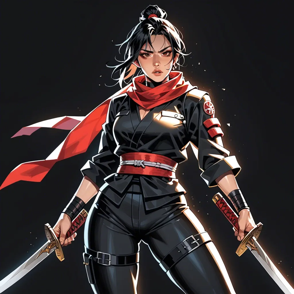 cool asian warrior girl. Black kimono, asian wide belt, ninja outfit, red scarf. Torso is fully clothed, ninjato sword, dark background, ninja pants