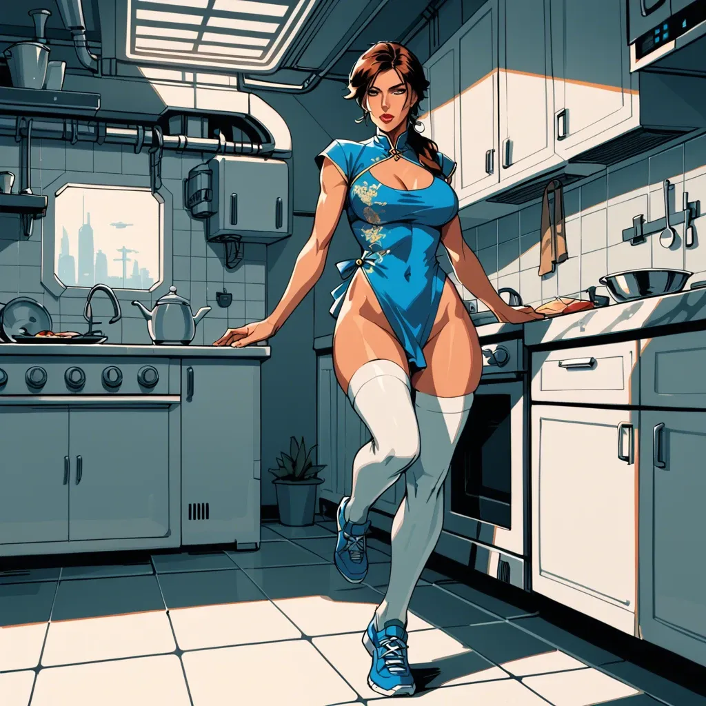 1girl,solo, , , , china dress,blue doll arms,large breasts,thick hips,limited palette, costume,white stockings,tied shirt,leotard,running shoes, kitchen, spaceship, cyborg, girl lara croft, disney princess