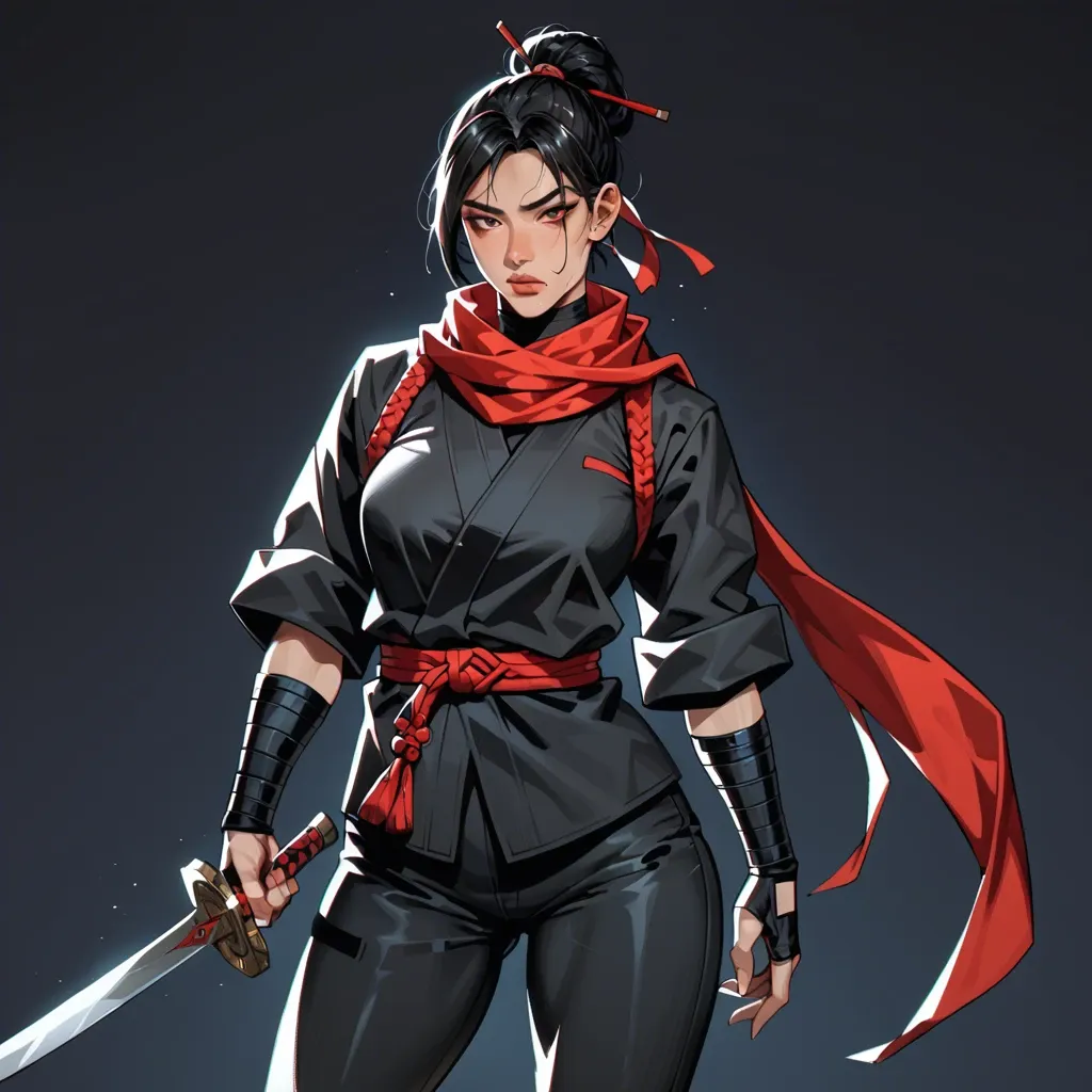 cool asian warrior girl. Black kimono, asian wide belt, ninja outfit, red scarf. Torso is fully clothed, ninjato sword, dark background, black pants