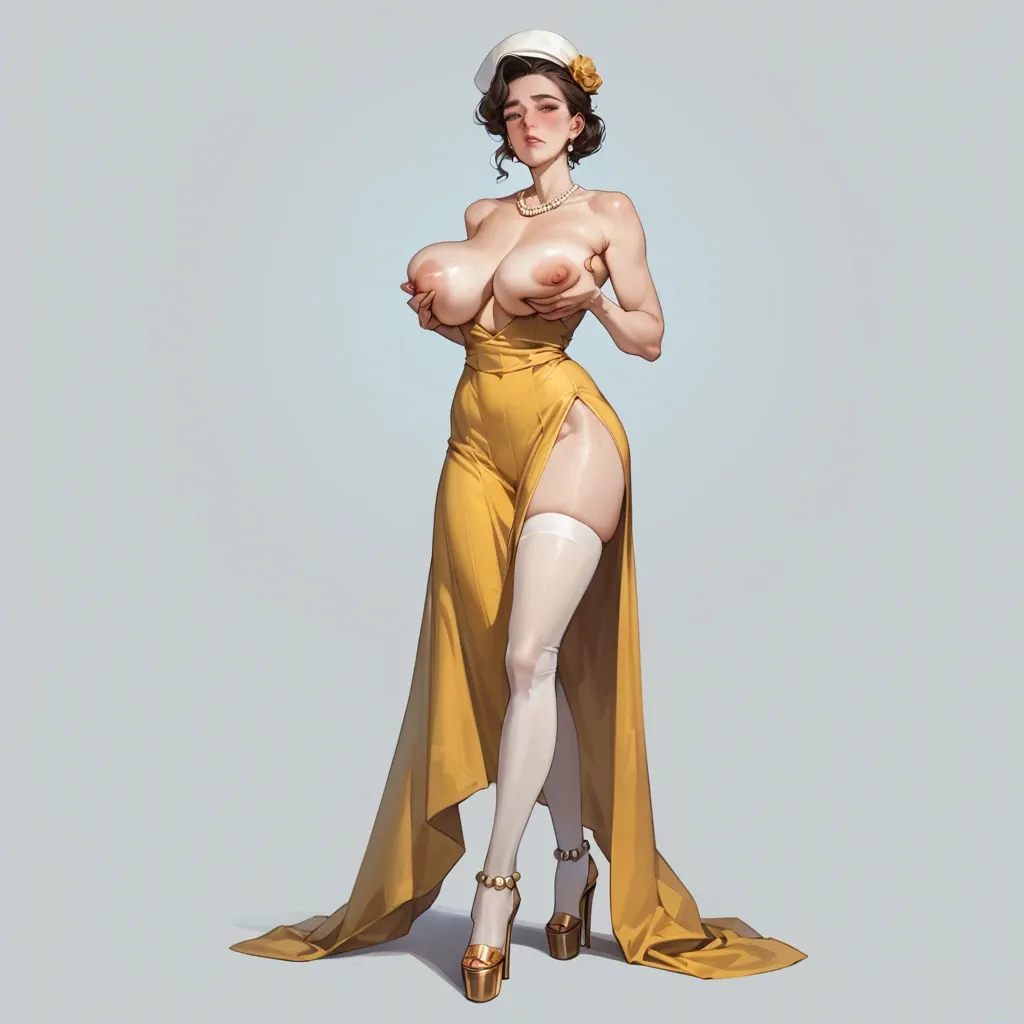 1girl,solo, , , , cheek press,thigh focus,huge breasts,grabbing breast,gold anklets, cheek,elegant,saggy breasts,waist grab,pearl necklace, yellow dress,white stockings,sailor hat,no bra,platform heels, club, cyberpunk, riding dildo, dildo in pussy, link, wonder woman