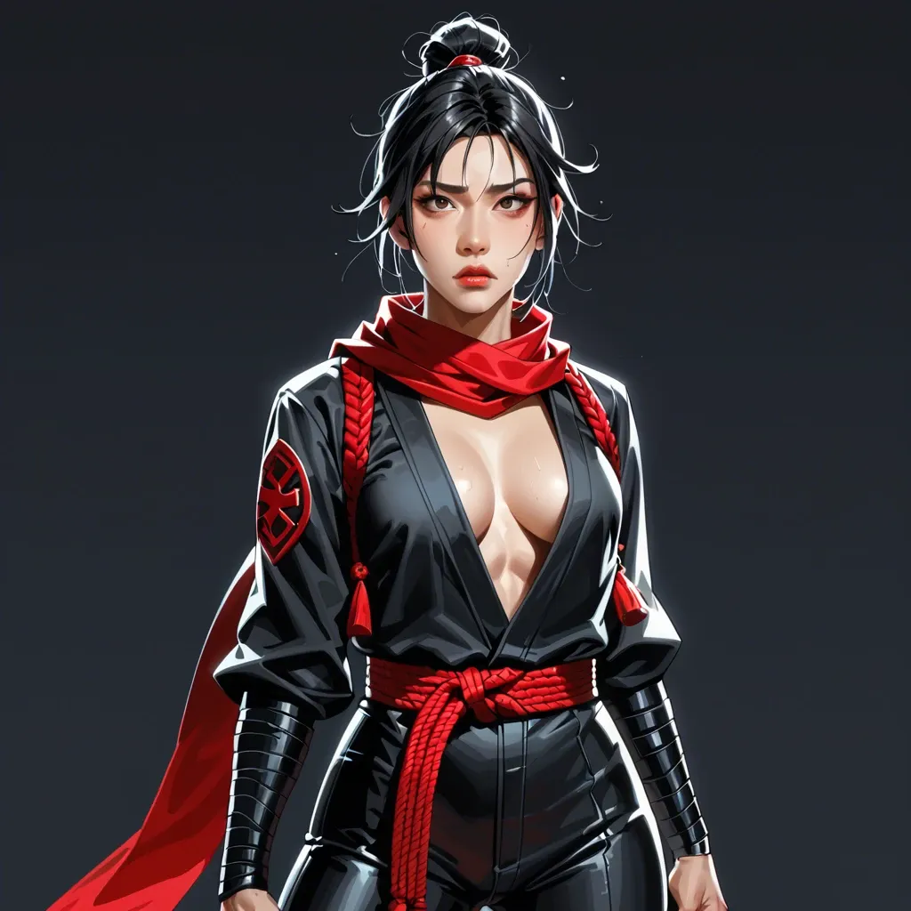 cool asian warrior girl. Black kimono, asian wide belt, ninja outfit, red scarf. Torso is fully clothed, ninjato sword, dark background, long black ninja golfs