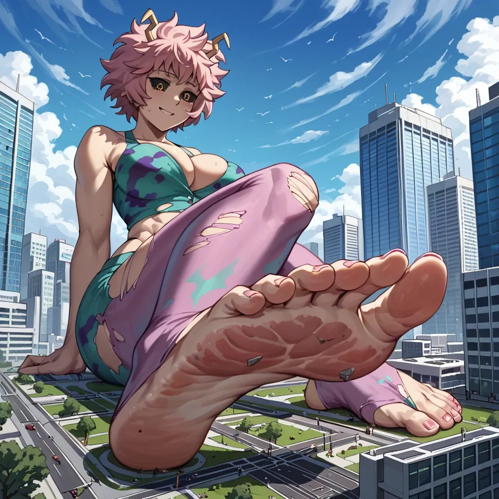 Mina Ashido, kaiju, humanoid, toes, clothes, outgrowing clothes, torn clothing, extreme macro female, city, taller female, extreme giantess, footprints, imminent danger, cracked ground