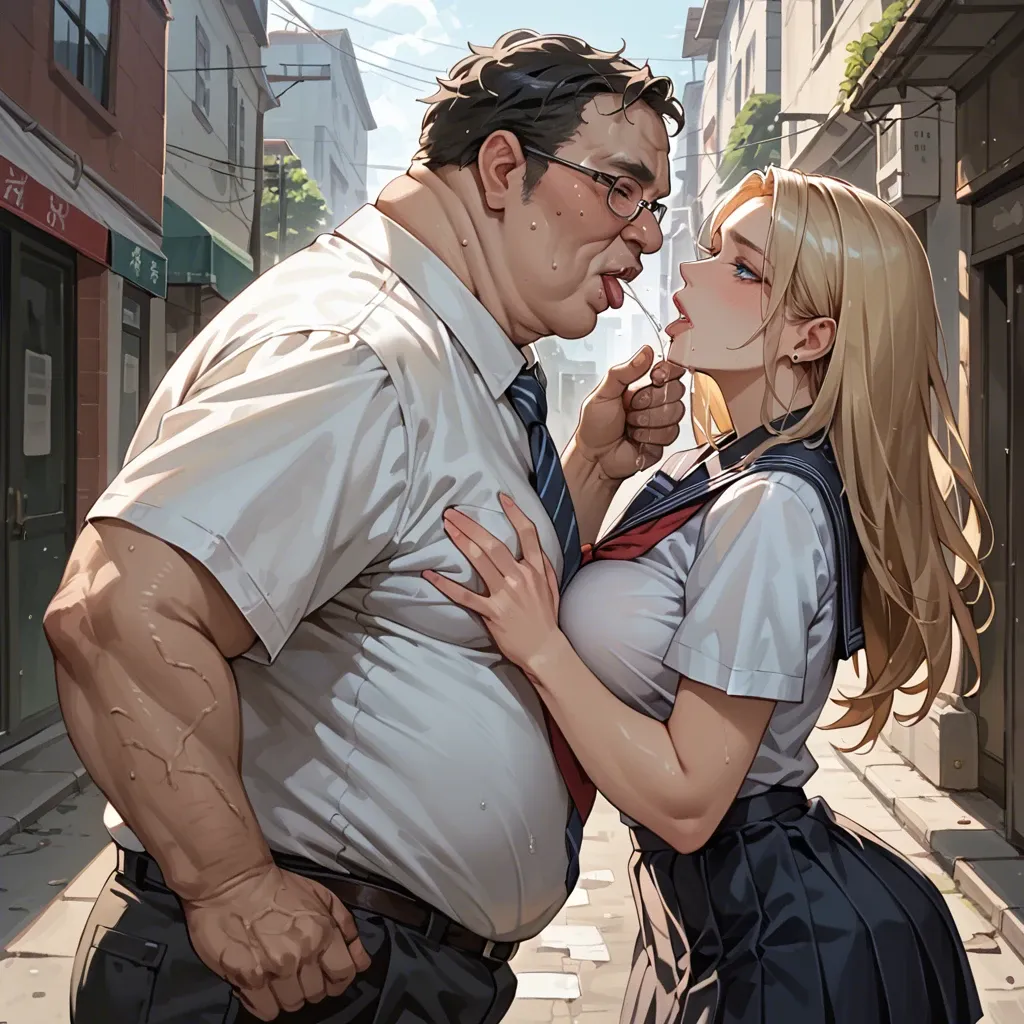 An old fat ugly smelly dirty man touching the ass of a beautiful girl, the girl is blue eyed with light blonde hair. They're both clothed. they're at the streets . The girl is wearing an school uniform. The man is spitting into the girl and slapping her