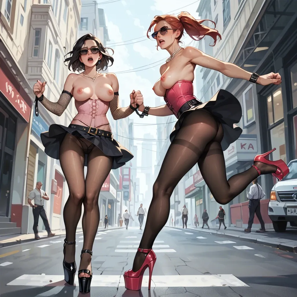 2girl, , , , freckled,hands bound,nipples visible,grab,pearl necklace, upskirt,pantyhose,black belt,black panties,platform heels, black leggings,fishnet sleeve,sunglasses,pink corset,running shoes, maebari, street, medieval dress, close camera, bedsheet, 2b