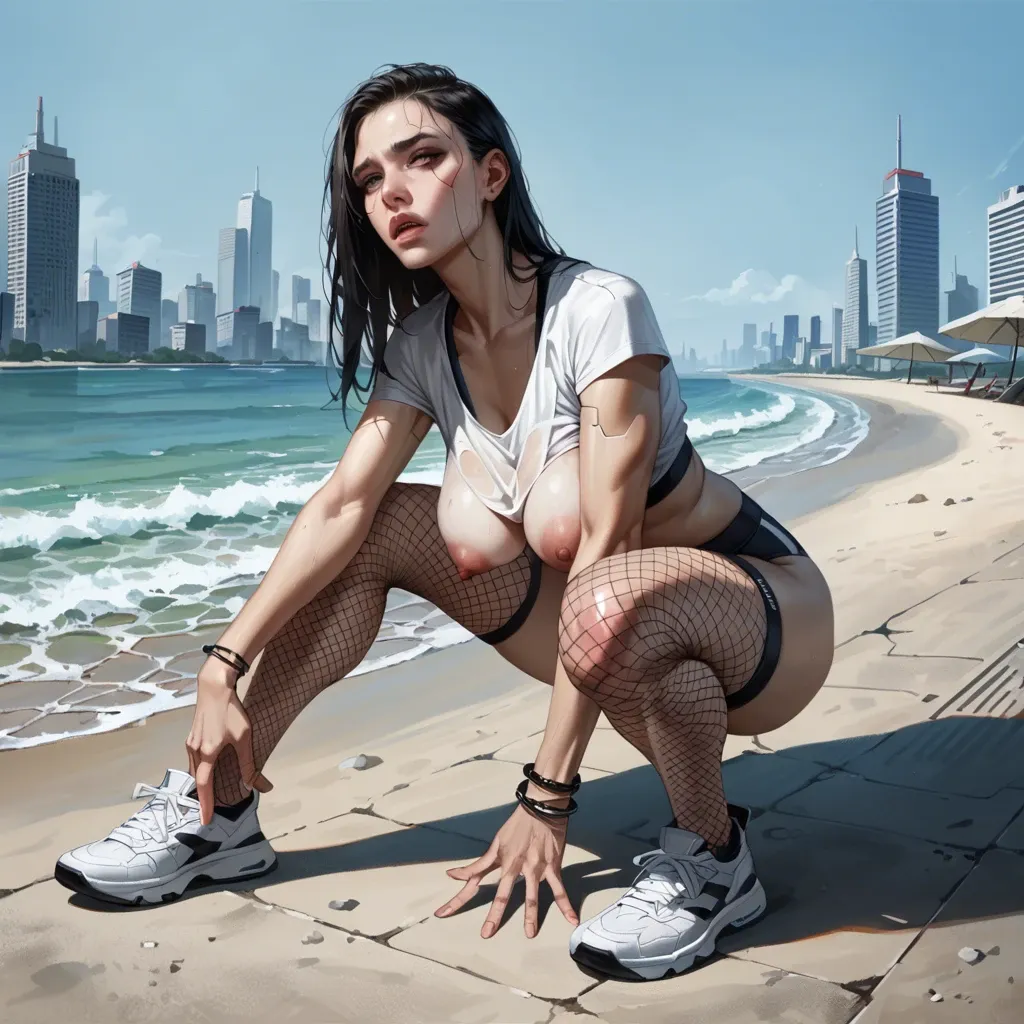 1girl,solo, , , , large nose,perfect feet,saggy breasts,city background,knees apart, white t-shirt,fishnets,bracelets,sports bra,white sneakers, sexy gym girl, beach, cyberpunk, robot body, a realistic, dark background, 2b, wonder woman