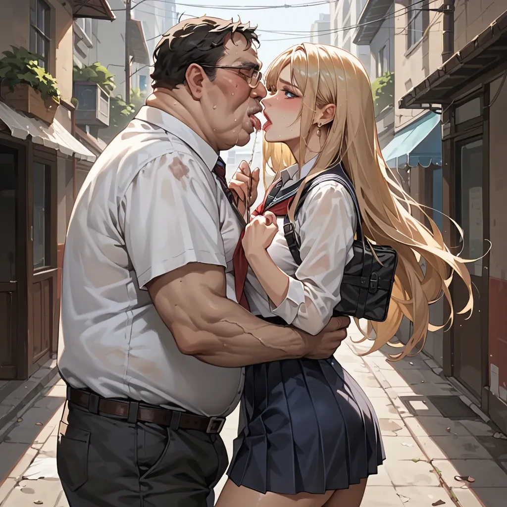 An old fat ugly smelly dirty man touching the ass of a beautiful girl, the girl is blue eyed with light blonde hair. They're both clothed. they're at the streets . The girl is wearing an school uniform. The man is spitting the girl's face.