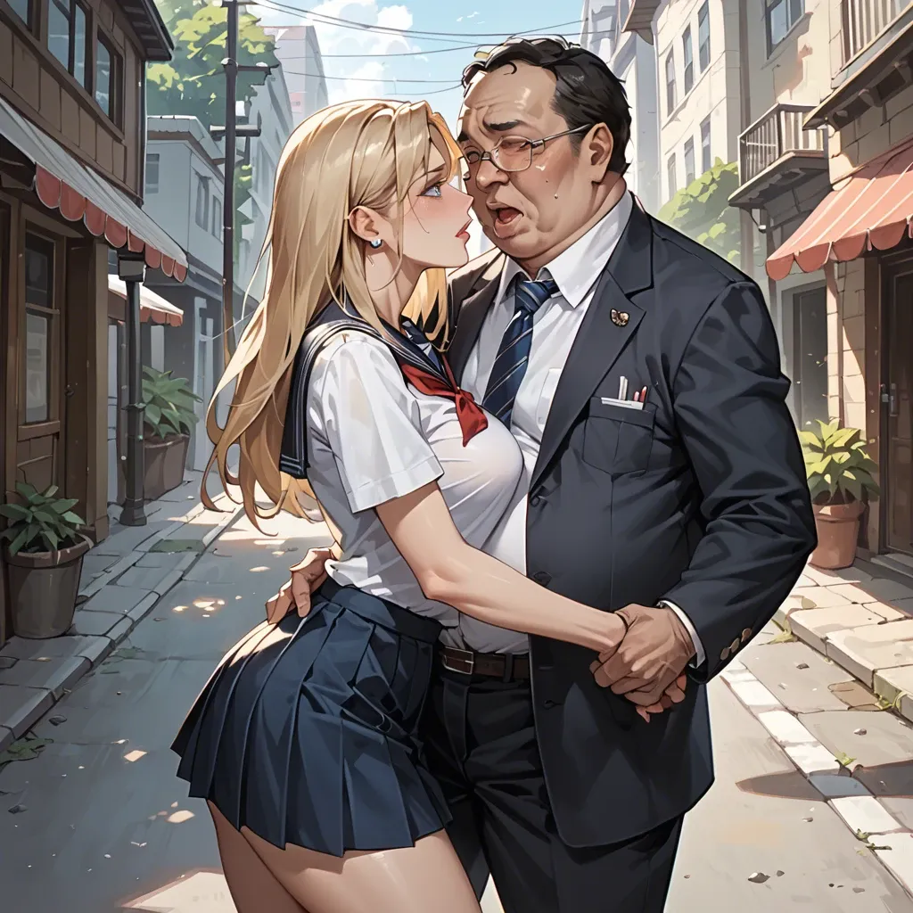 An old fat ugly man touching the crotch of a beautiful girl, the girl is blue eyed with light blonde hair. They're both clothed. they're at the streets . The girl is wearing an school uniform