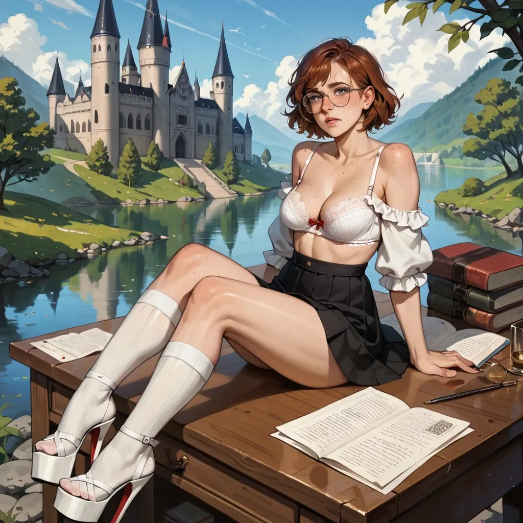 2girl, , , , freckled face,bound arms,perky tits,absurdly,off shoulder, black skirt,white socks,circle glasses,lace bra,platform heels, maebari, in the river, castle, on desk, anna, asuka