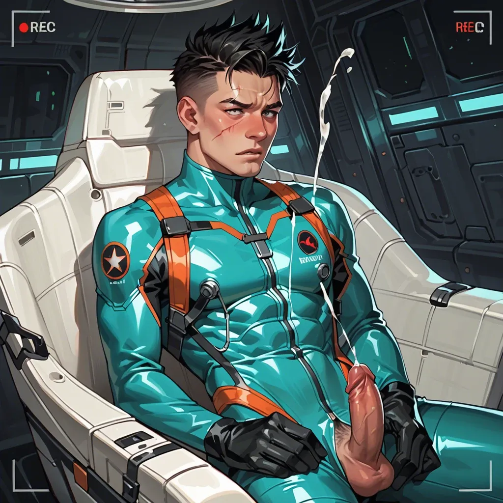 Male, solo, skinny, scarred, Asian, spiky black hair, blushing, jerking off, arched back, cumming, flightsuit, futuristic pilot seat, footage, recording, turquoise light