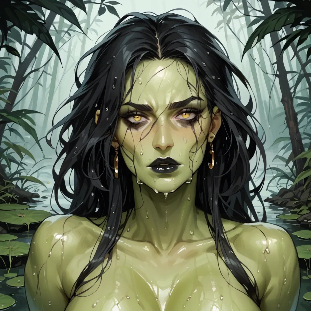 Swamp Hag Milf Narrow Yellow eyes Slender neck long wet black hair Sweats  Elongated face Big black lips slimy green skin Naked Close up