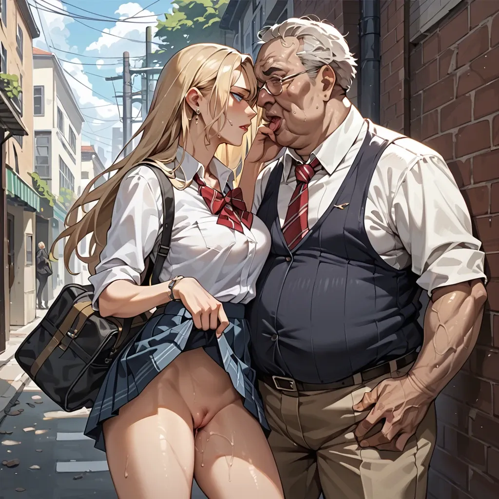 An old fat ugly smelly dirty man touching the pussy of a beautiful girl, the girl is blue eyed with light blonde hair. They're both clothed. they're at the streets . The girl is wearing an school uniform