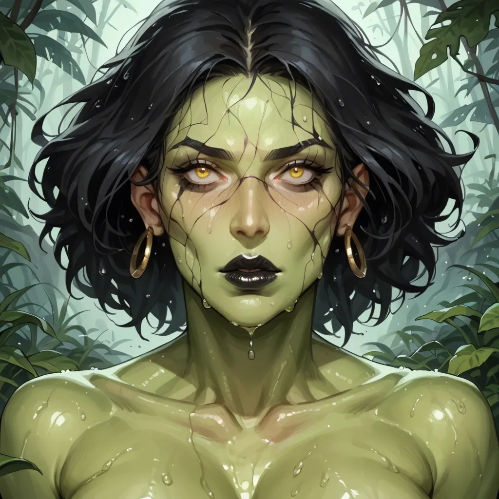 Swamp Hag Milf Cubby Narrow Yellow eyes Slender neck long wet black hair Sweats  Elongated face Big black lips slimy green skin Naked Massive saggy breasts Close up