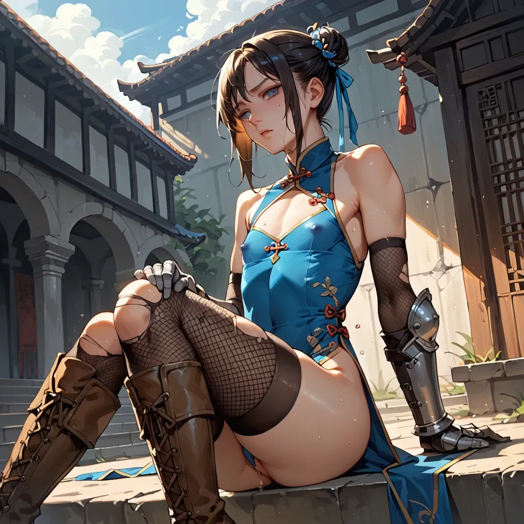 1girl,solo, , , , perfect nose,armor,swollen nipple,love handles,knee, sexy mole,sunshine,flat chest,grabbing hips,knees up, china dress,torn thighhighs,fishnet gloves,no bra,brown boots, blue shirt,tight fishnets,black belt,loose bra,armored boots, on the street, medieval prison, fur collar, painted, night time, tifa lockhart, waifu