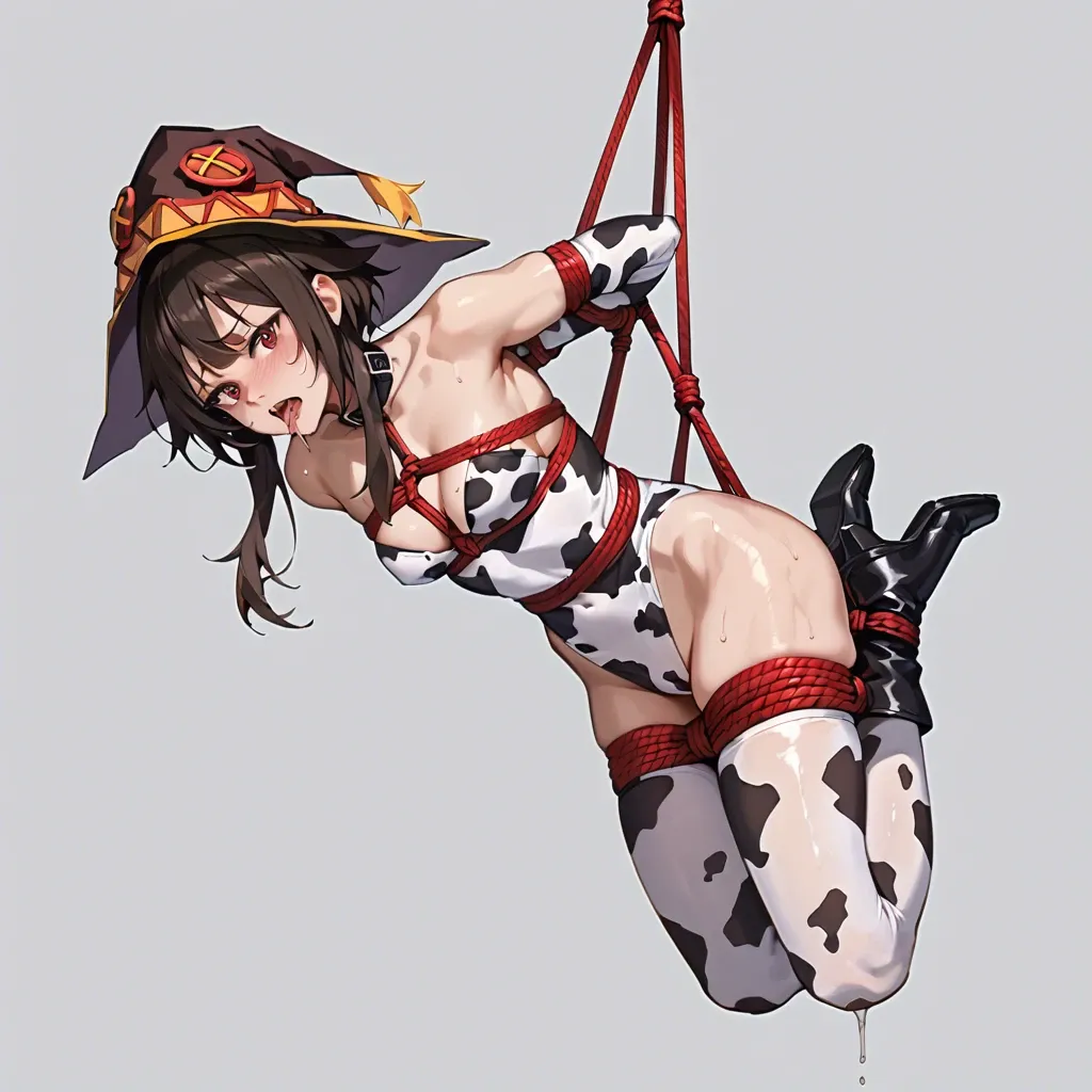 Megumin, bdsm, rope bondage, cow costume, milking boobs