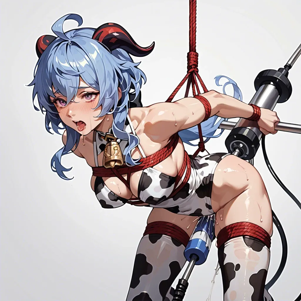 Ganyu, bdsm, rope bondage, cow costume, sex machine