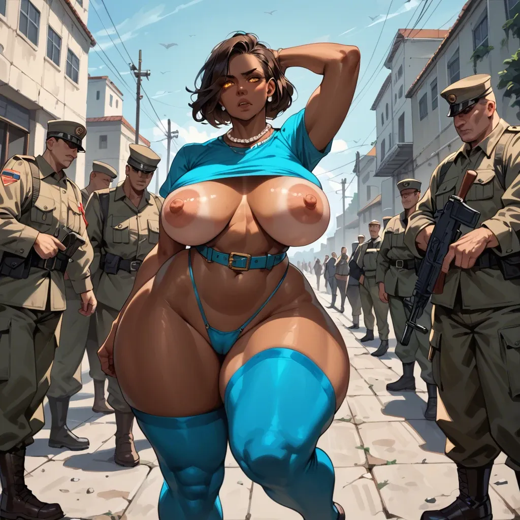 1girl,solo, , , , cute nose,army,huge nipples,back female,pearl necklace, glowing eyes,one foot up,big breast,gigantic hips,dark grey skin, shirt up,blue stockings,suspender belt,mini bikini,brown boots, torn skirt,pantyhose,green collar,white bra,high heels, green shirt,baggy socks,belt,thongs,white boots, sit on a couch, city, tavern, spiked dildo, princess zelda, spider-gwen, asuka langley